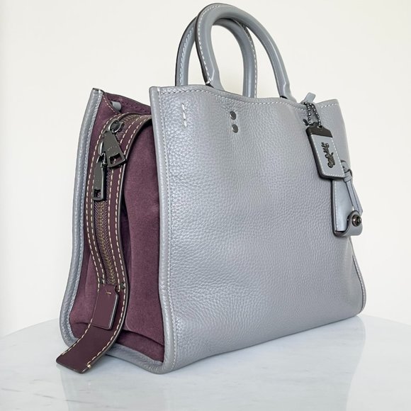 Coach Rogue 25 Grey Purple Colorblock Genuine Pebble Leather Satchels Handbags - Picture 5 of 16